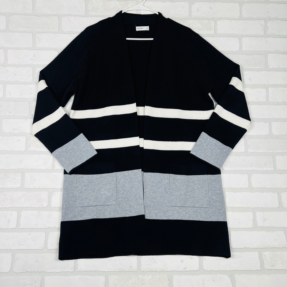 Nine West Womens Large Black Striped Colorblock Open Front Longline Cardigan L